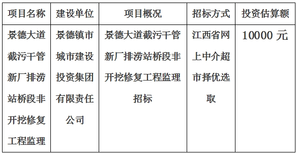 景德大道截污干管新厂排涝站桥段非开挖修复工程监理招标计划公告　