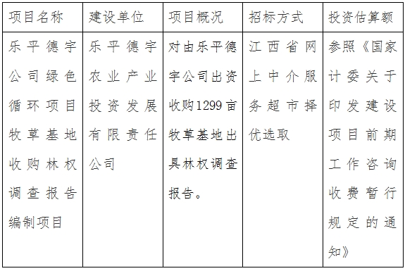 乐平德宇公司绿色循环项目收购1299亩牧草基地林权调查报告编制项目计划公告