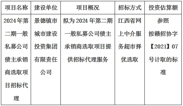 2024年第二期一般私募公司债主承销商选取项目招标代理计划公告