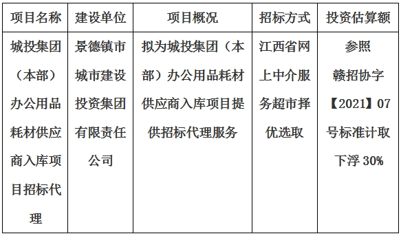 城投集团（本部）办公用品耗材供应商入库项目招标代理计划公告